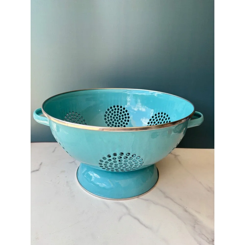 Pioneer Woman Turquoise Blue Enamel Colander Footed Metal Strainer Handles 11 In